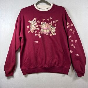 Morning Sun Vintage Cat Sweatshirt Maroon Kittens Autumn Leaves Large Burgundy